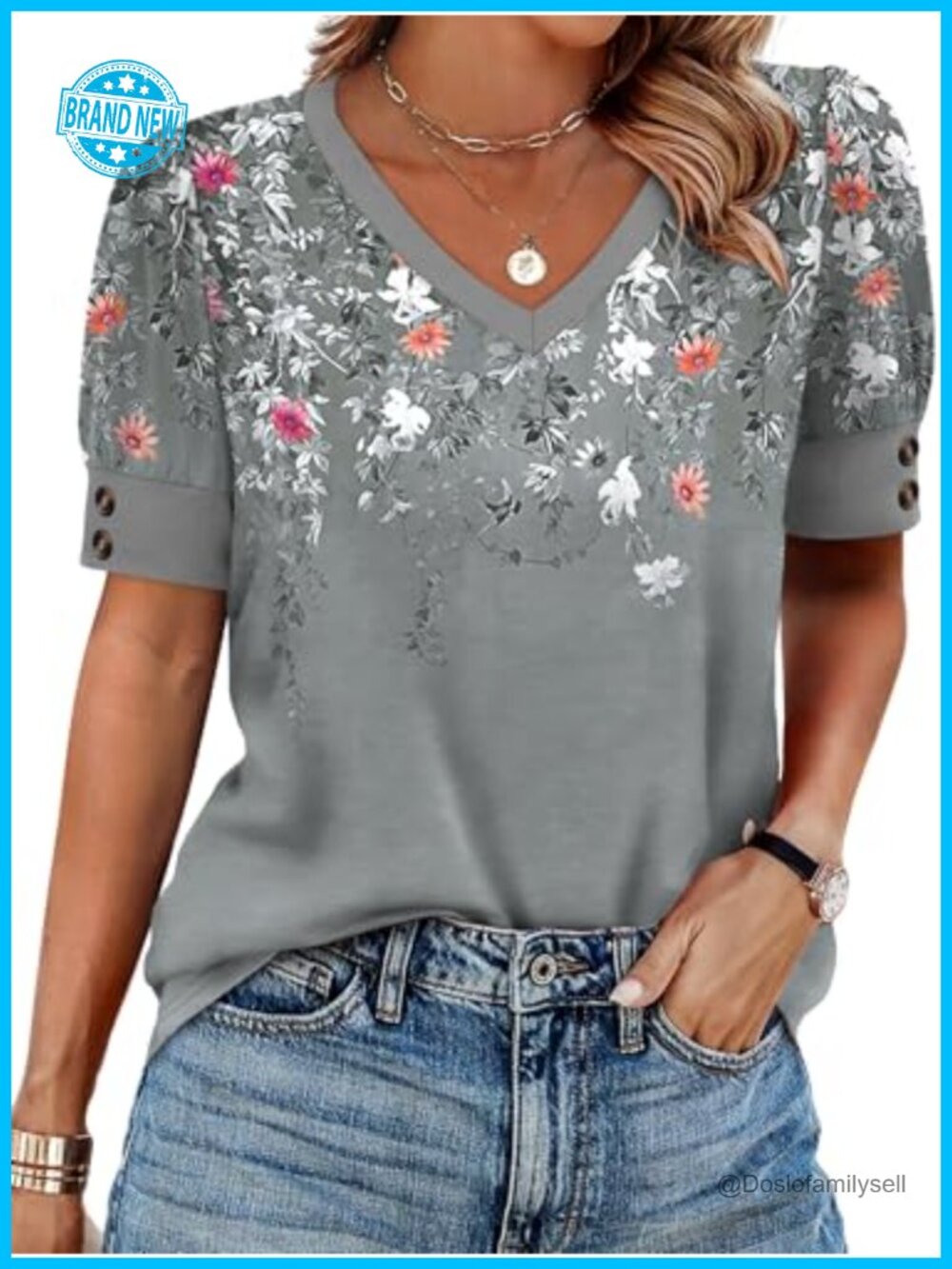 Womens Floral V-Neck Short Sleeve Button Blouse Loose Fit Casual Top